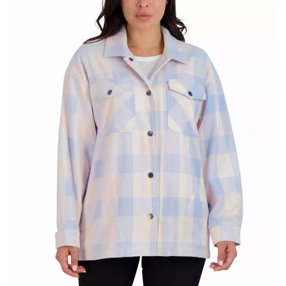 Purple & White Sz Small Roomy Snap Up Cozy Flannel Shacket Shirt Jacket Pockets